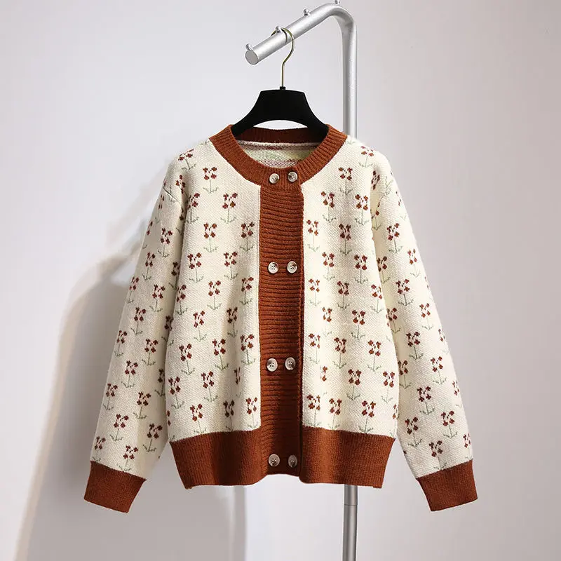 

EBAIHUI Cardigan Women Flower O-Neck Sweater Coat Korean Fashion Jumper Double Breasted Vintage Knitted Loose Embroidered Jacket