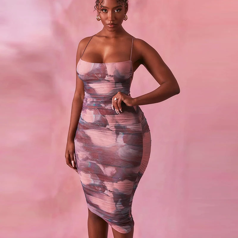 

New Tie Dye Print Sexy Backless Dress Women Bandage Bodycon Dresses 2021 Spring Femmle Lace Up Skinny Party Short Vestidos