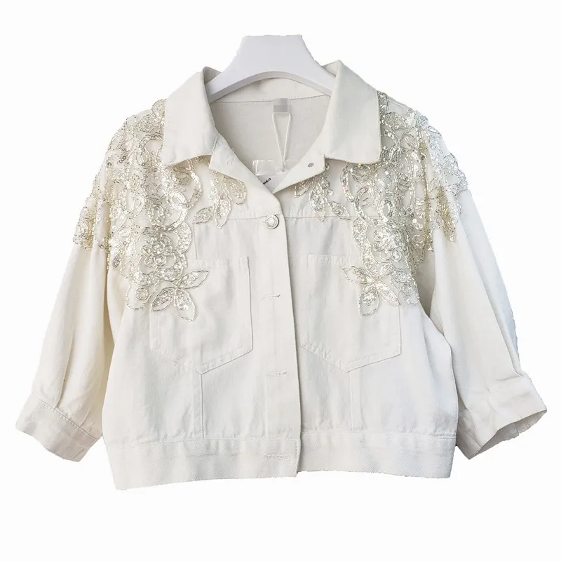 

Loose Sequined Lace Patchwork Short Denim Jacket Women's 2021 Spring Fashion New Solid Color Crop Jean Jackest Coats Streetwear