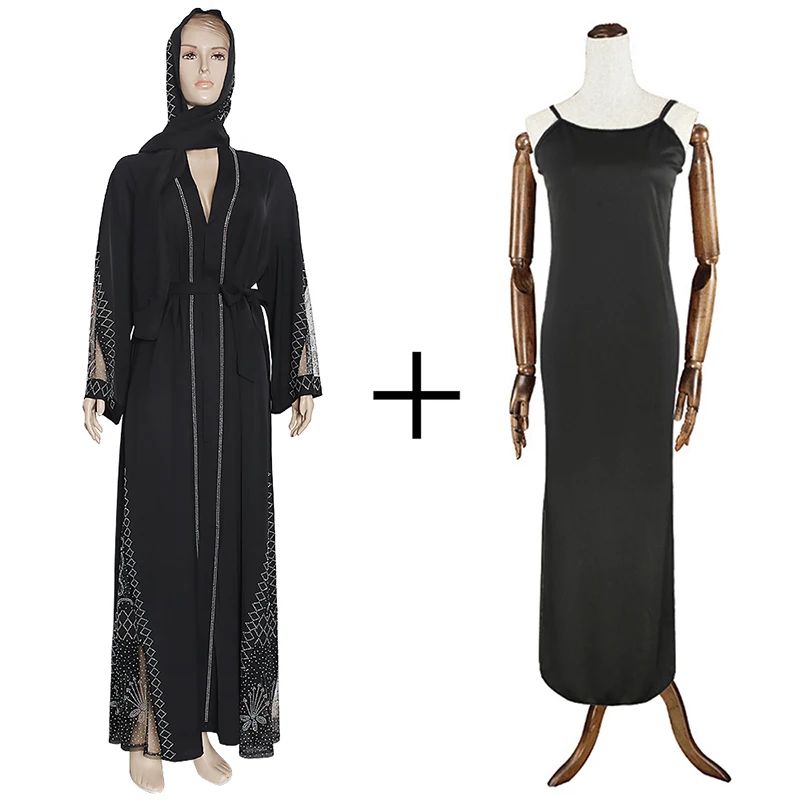 Black Bangladesh Women Lace Maxi Abaya Dubai Turkey Muslim Hijab Dress 2020 Plus Size Diamond Shiny Boubou Long Sleeve | Тематическая