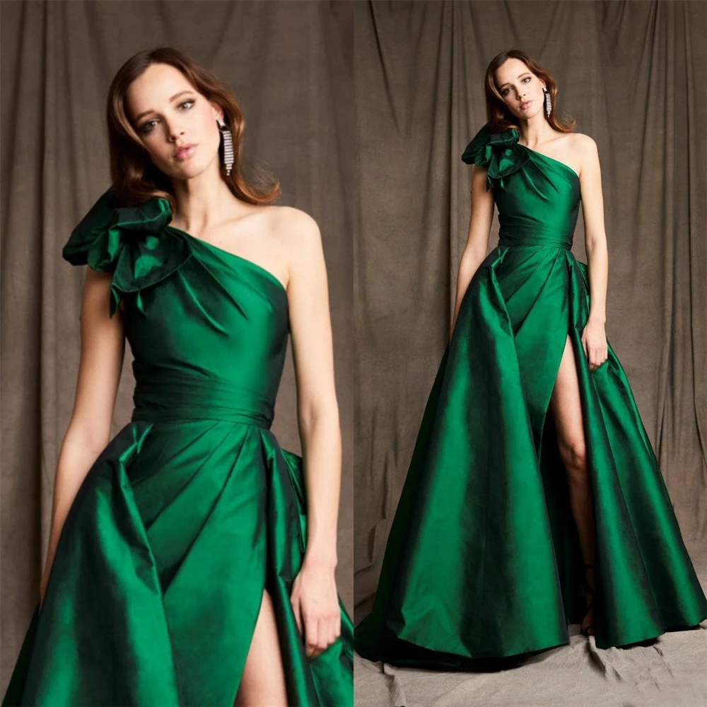 

A Line Prom Party Gown Bow Evening Dress One-Shoulder Ball Gown Formal Dresses Thigh-High Slits Satin Custom
