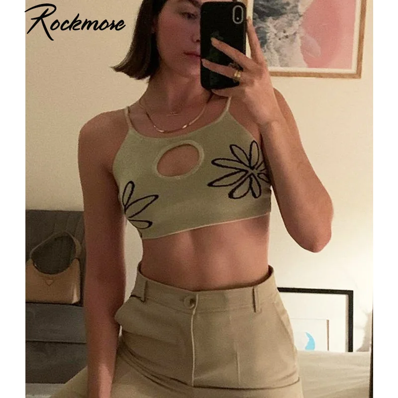 

Rockmore Knitted Crop Top Y2K Hollow Out Camis Women Vintage Floral Corset Sleeveless Tank Top Streetwear Beach Style Summer 90s