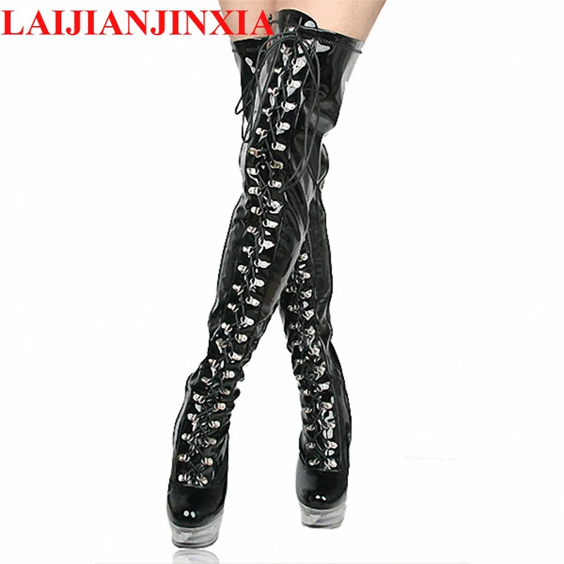 

New 15cm Ultra high heels over-the-knee women's Front strap pole dancing shoes thigh highs boots motorcycle boots