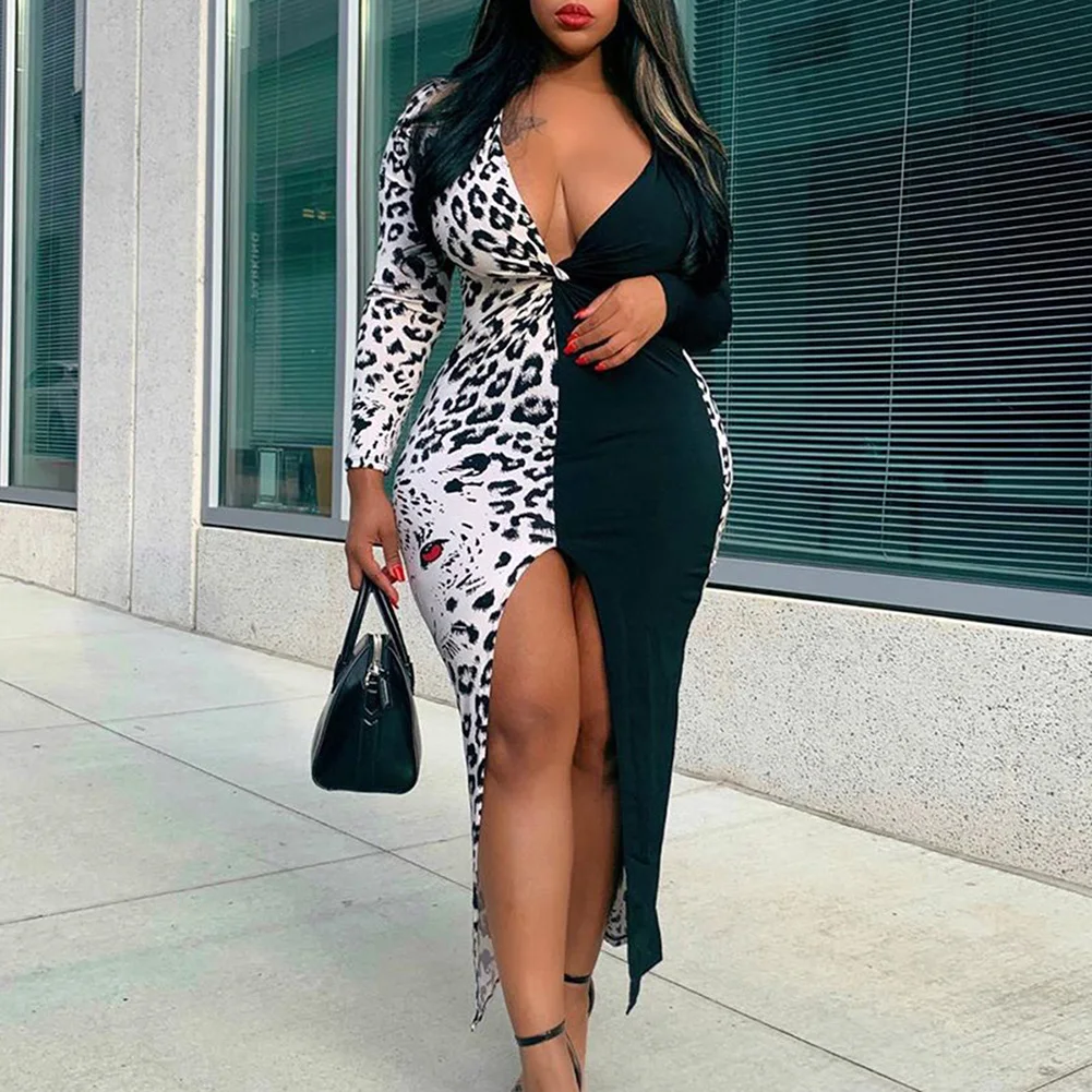 Женское платье с леопардовым принтом облегающее длинным рукавом и глубоким