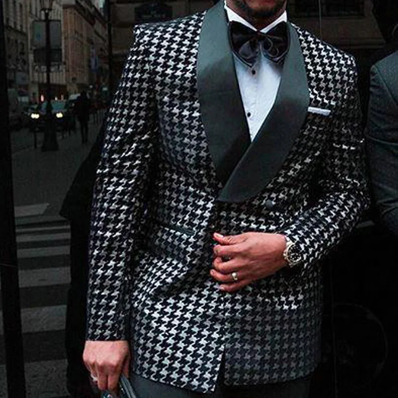 Мужской двубортный клетчатый костюм облегающий свадебный смокинг для жениха из