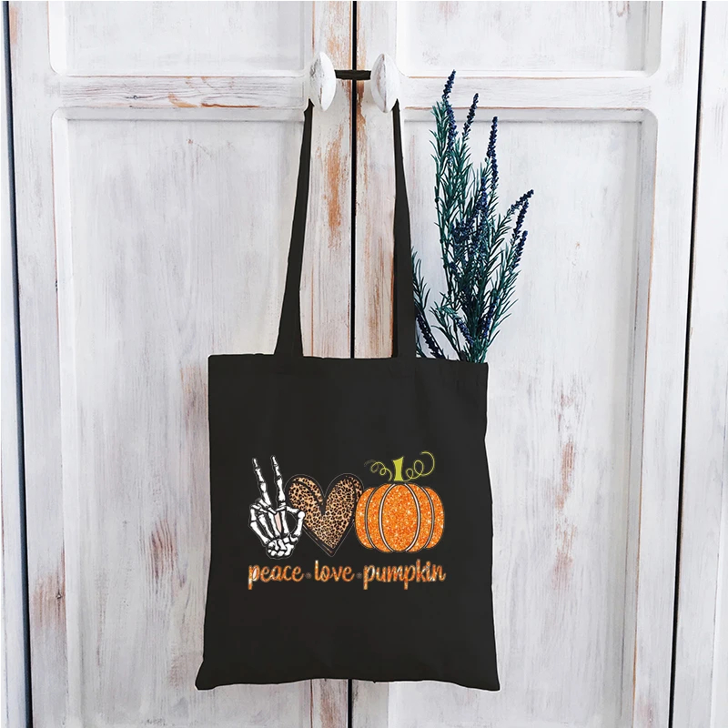 

Peace Love Pumpkin Canvas Tote Bag Horrible Bags Reusable Halloween Pumpkin Woman Canvas Tote Funny Skeleton Totes Print