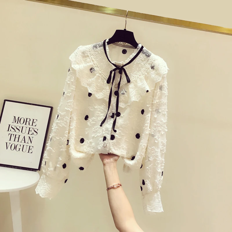 Женская шифоновая блузка в горошек элегантная повседневная с бантом и оборками |