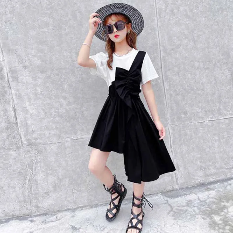 

Cultiseed Girls Summer Fake 2pc Irregular Dress Clothing Big Children Kids Students New Fashion Short Sleeve Birthday Party Gown