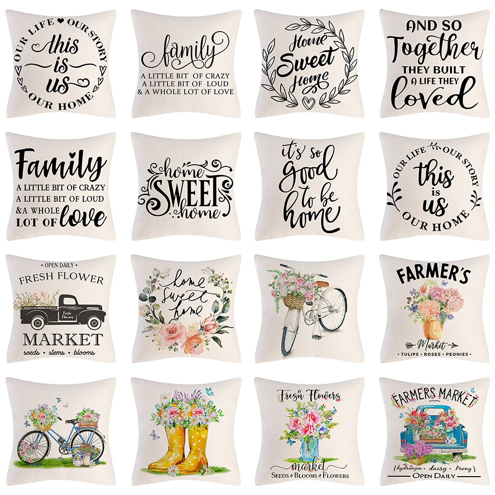 Cushion Cover Bicycle Spring Flower Linen Pillowcase Sofa Cushion Cover Text Outdoor Decoration Linen Pillow Cover Home Decor