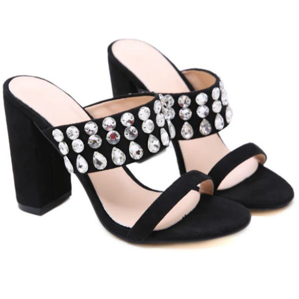 

new Summer Open Toe Chunky Heels Women Sandals Leather Rhinestones Party Shoes Crystals Casual Beach Flip Flops women hy234