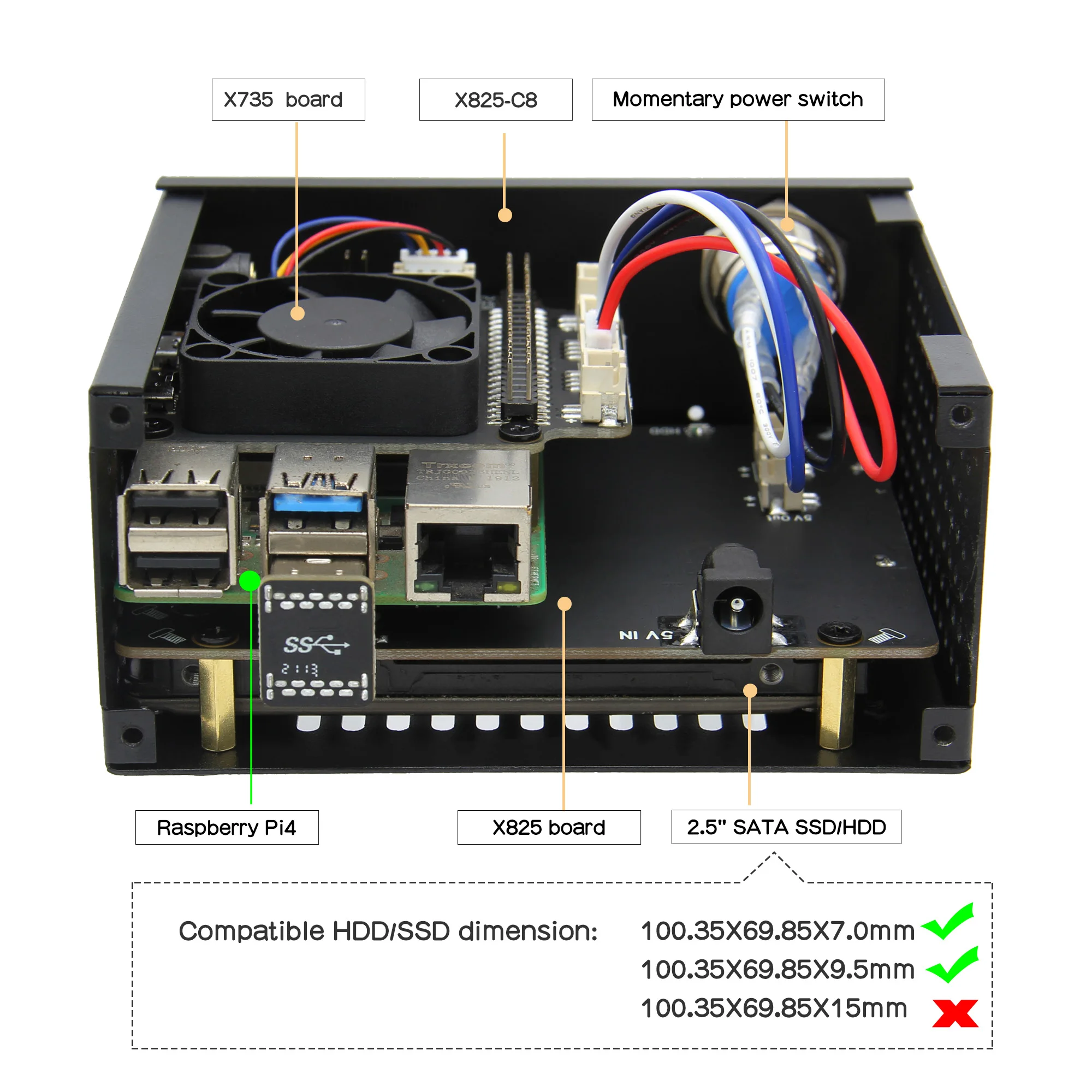 Raspberry Pi 2 5 дюймов жесткого диска SATA HDD/SSD X825 V2.0 доска + X735 с подходящей металлической