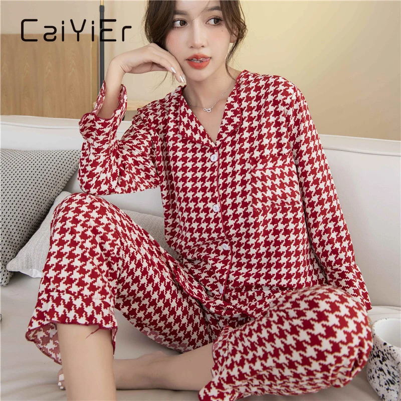 

CAIYIER Red Grid Print Sexy Pajamas Set For Women Winer Long Sleeve Sleepwear Loungewear Fashion Girls Silk Underwear Suit 2XL