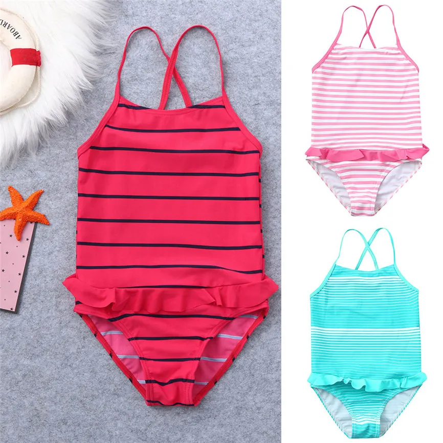 Цельный купальник Милый детский летний в полоску с оборками для девочек Удобные