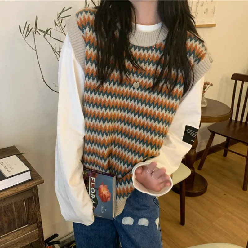 

Пуловеры осень новый ретро Свободный Полосатый геометрический o-образный вырез жаккардовый свитер без рукавов женский модный жилет жилеты ...