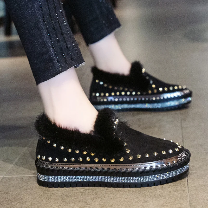 black with plush Прошитой подошве; теплые зимние плюшевые тапочки с мехом туфли из хлопка кружевной бант с кристаллами удобные туфли на плоской подошве, однотонные, мягкое покрытие(флок), из кроличьего меха; Туфли-мокасины без застежк - Цвет: black with plush