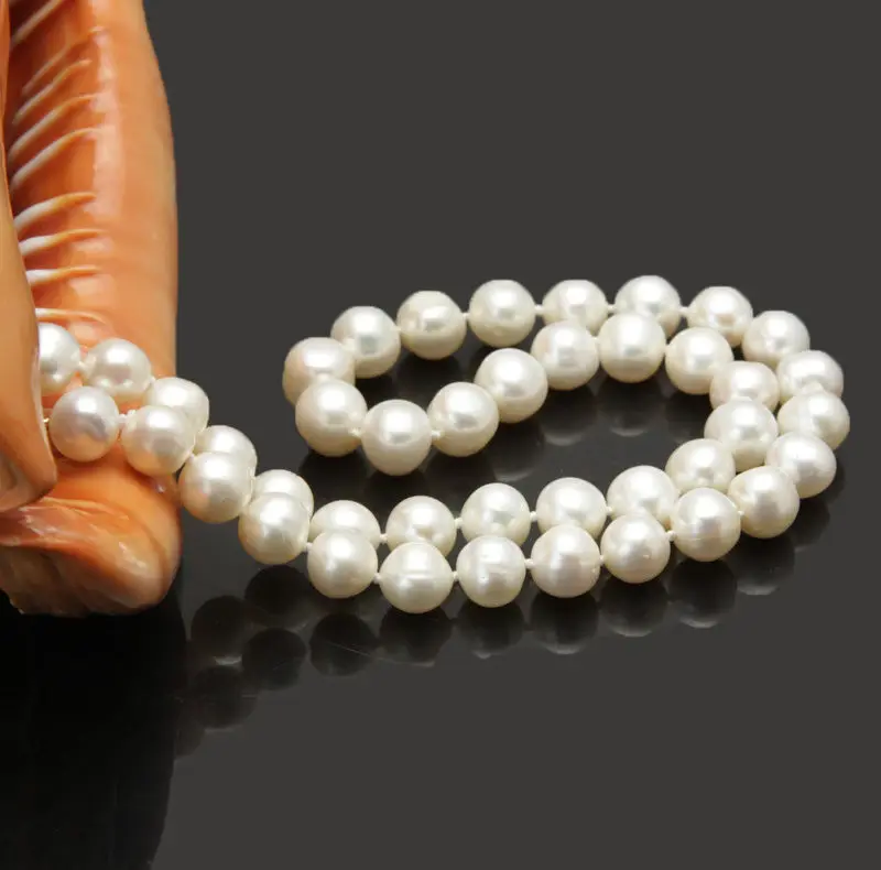 

HABITOO Classic Natural 9-10mm White Near Round Thread Shape Freshwater Cultured Pearl Necklace 925 Silver Clasp Women Jewelry
