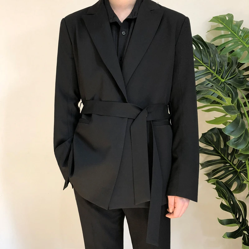 

Spring Autumn Men's Black Smart Casual Blazers Jacket Single Button With Belt Coat M14