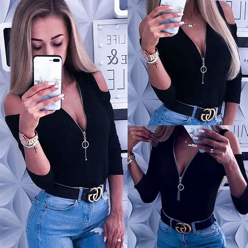 Модная Сексуальная футболка Женский пуловер с открытыми плечами топ осенняя