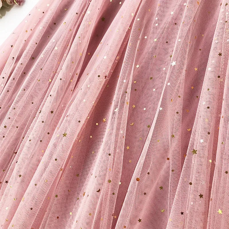 

Women Elastic high waist Skirts Wraps Sweet Lady Girls Sequin Stars Shing Glittering Layered Tulle Skirts Party Holiday Clothes