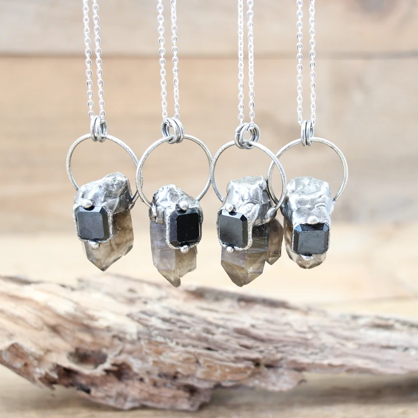 

Soldered Antique Silver Raw Smoky Quartzs Point Pendants Natural Crystal Inlay Obsidian Copper Necklaces Boho Jewelry,QC3226