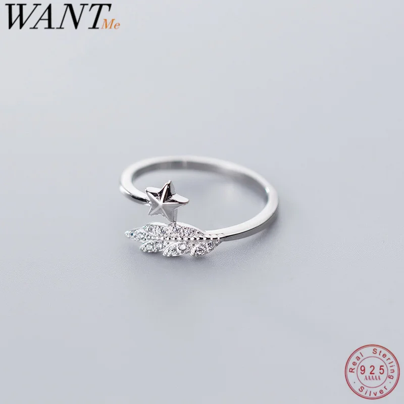 WANTME Cute Opening Adjustable Feather Pentagram Star Rings for Women Real 100% 925 Sterling Silver Minimalist Jewelry Accessory | Украшения