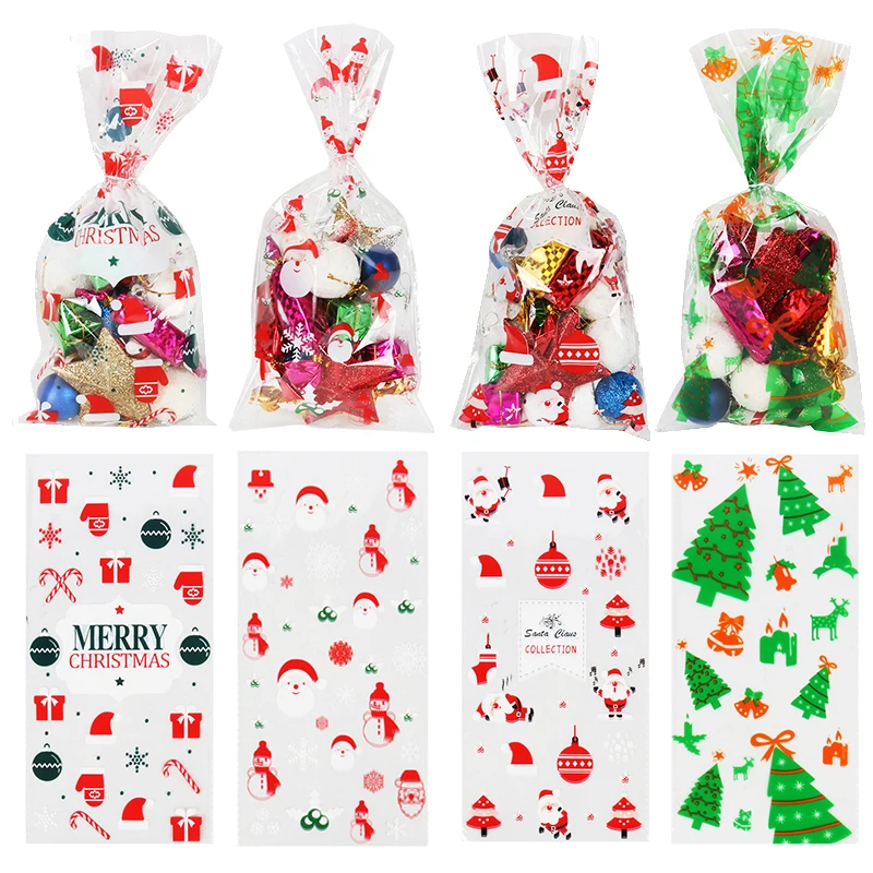 

50pcs Merry Christmas Candy Gift Bags Santa Claus Cellophane Bags Cookie Packaging Bag Xmas Party Navidad New Year Kids Favors