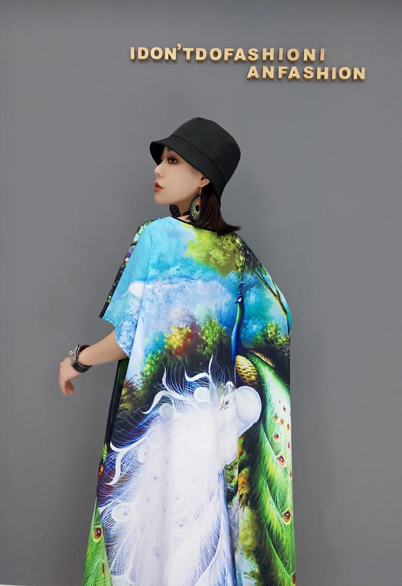 

Vefadisa Fashion Peahen Pattern Women Dress 2021 Summer Animal Print Female Dress Stitching Color Oversize Long Dress QYF5953
