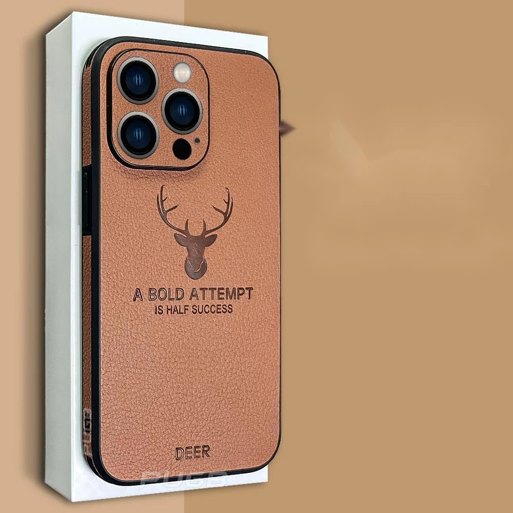 

Luxury Leather Texture Square Frame Case For iPhone 11 12 13 Pro Max Mini X XR XS Deer Camera Protection Shockproof Phone Cover