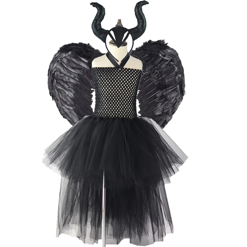 dress horn wings Детский костюм королевы Малефисента черного ангела; детский маскарадный костюм на Хэллоуин; нарядное платье-пачка; рождественские карнавальные праздничные платья для девочек; xx - Color: dress horn wings