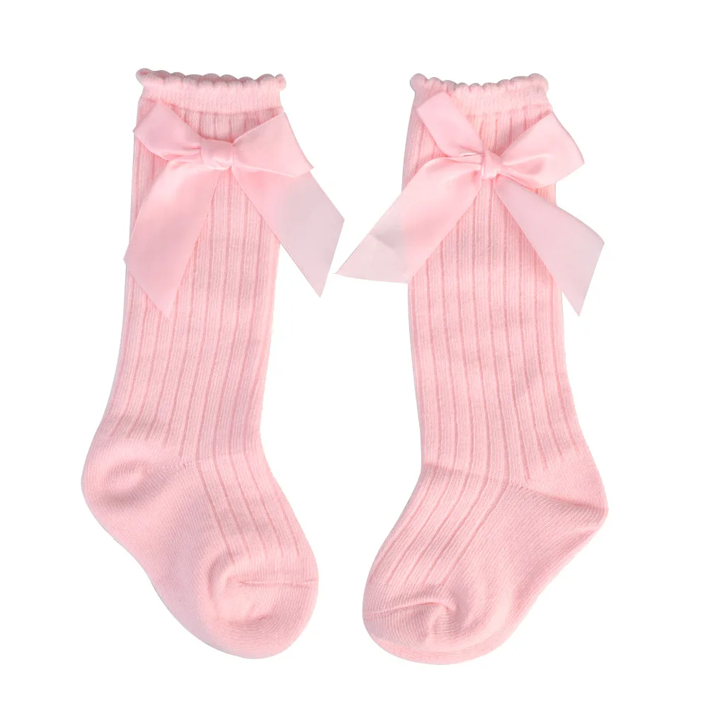 Pink Quaslover/носки для новорожденных девочек хлопковые сетчатые Дышащие носки для малышей мягкие кружевные носки до колена с бантом для маленьких девочек - Цвет: Pink