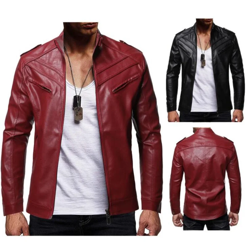 Men's pu leather jackets and coats zipper design stand collar casaco masculino inverno jaqueta masculina inverno black