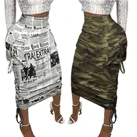mid calf skirts women camouflage camo newspaper print high waist streetwear fashion clothing pockets drawstring pleated ladies