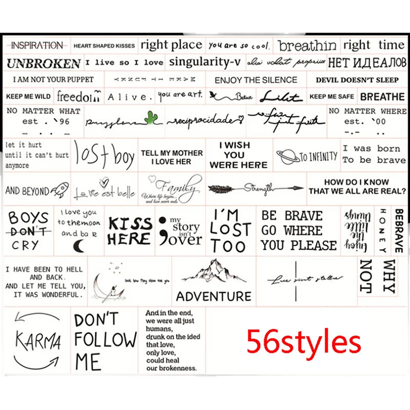 

56Sheet Waterproof Temporary Tattoo Sticker Black Devil Doesn't Sleep English Letters Tatoo Fake Tatto Neck Wrist For Woman Men