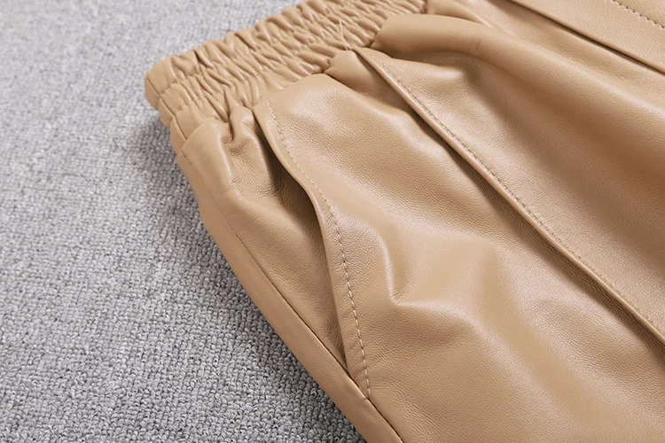 

England Style Great Quality Ealstic Waist Real Sheep Leather Pants Spring Female High Waist Was Thin Pencil Leather Pant F1051