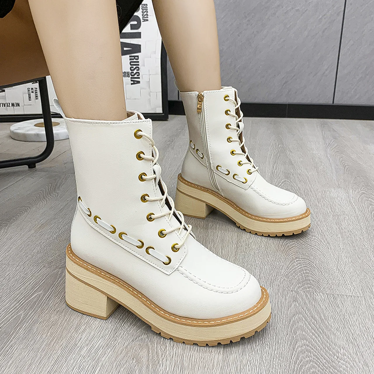 

British style Martin boots high heels fashion shoes autumn and winter fur women's short boots thick bottom thick heel boots