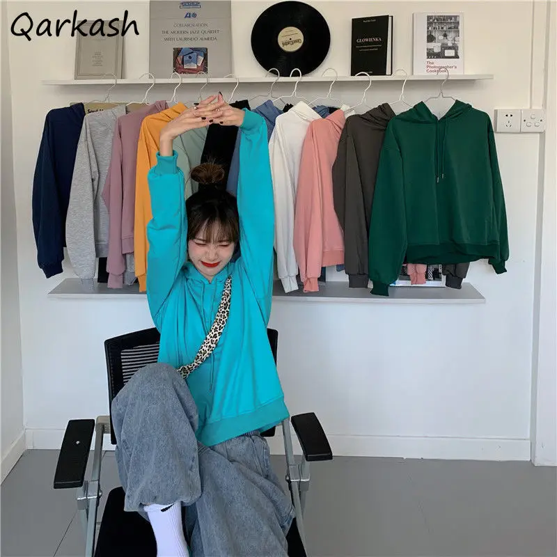 

Женские толстовки с капюшоном, однотонные, разные цвета, шикарные, в Корейском стиле, для студентов, универсальные, простые, свободные, повсе...