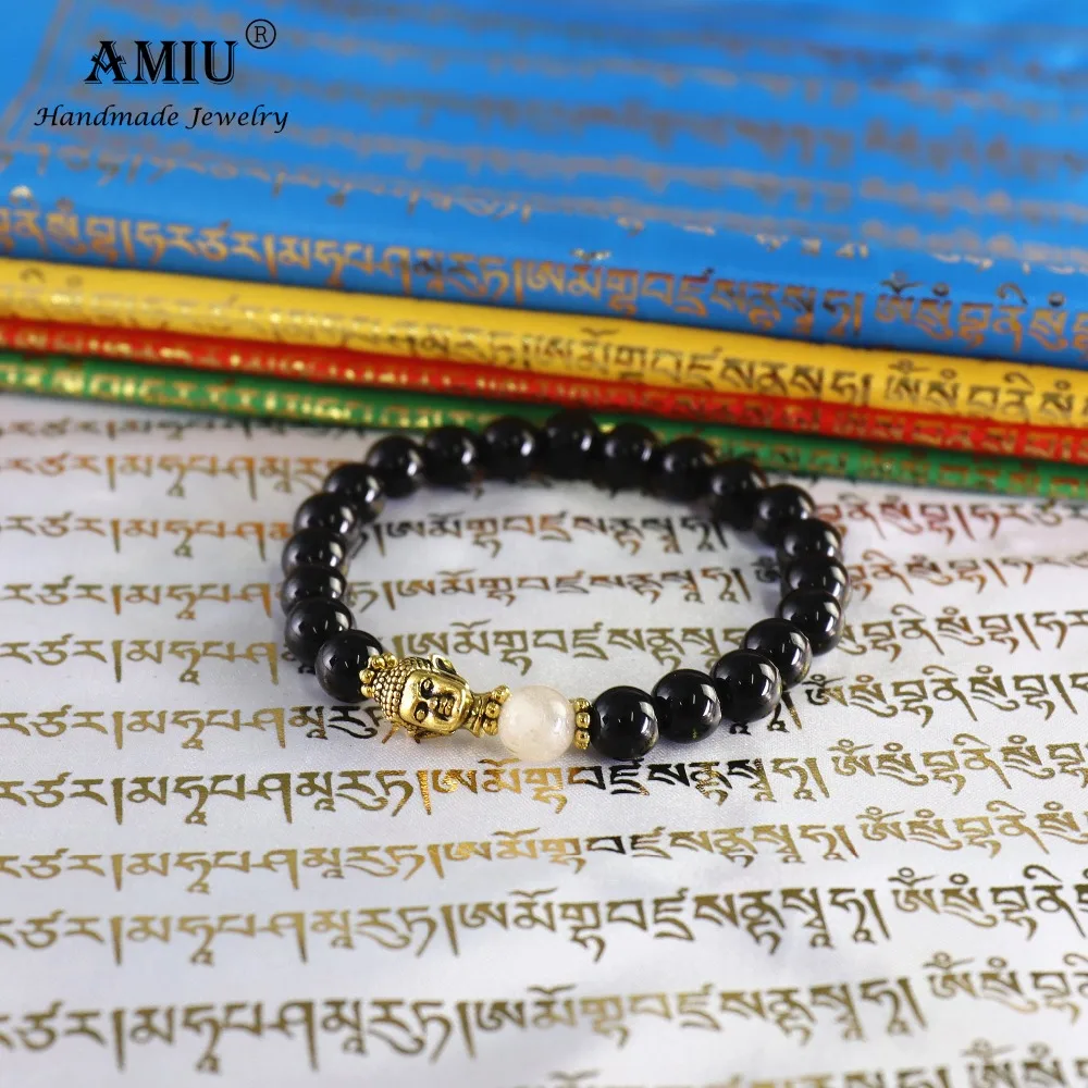 Голова Будды AMIU высокое качество натуральный черный бисер оникс исцеляющий