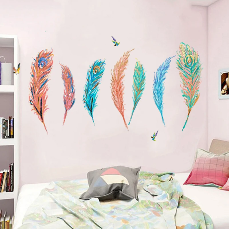 

New wall stickers gold color painting oil painting creative color feather living room bedroom decoration painting