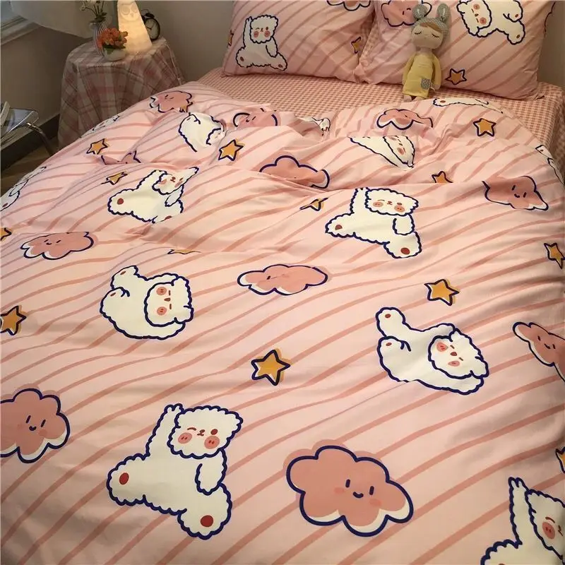 

Boys and girls lovely 4 piece set small fresh cartoon matte washable cotton web celebrity bed sheet quilt cover students