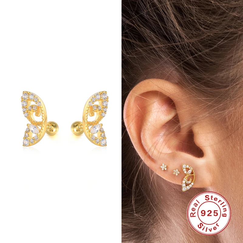 

GS 925 Sterling Silver Unique Half Butterfly Stud Earrings For Women Dainty Zircon Left Right Wing Ear Studs Party Jewelry