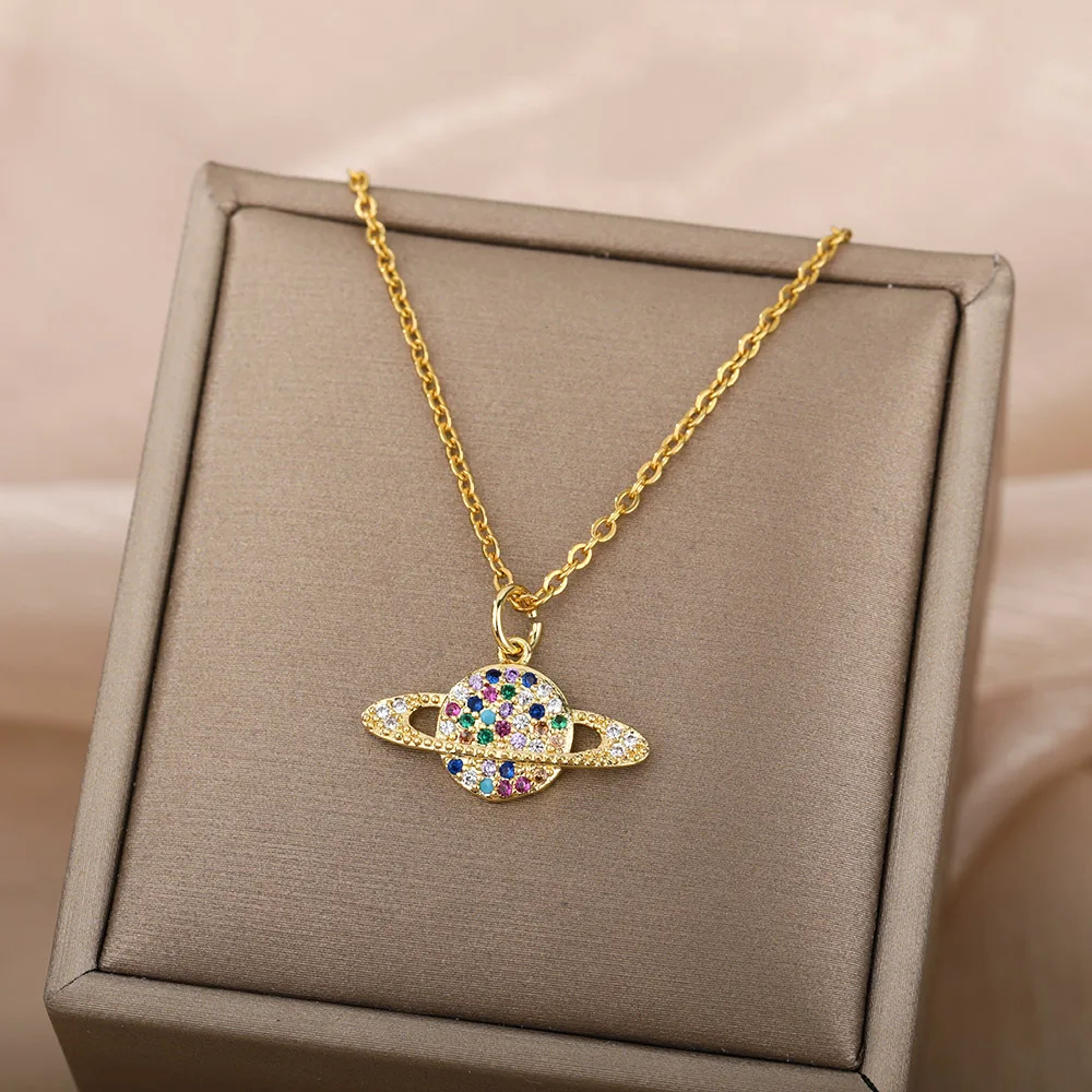 

Colorful Zircon Planet Universe Pendant Necklace For Women Charm Choker Neck Chain Fashion Jewelry Girls Wedding Gift