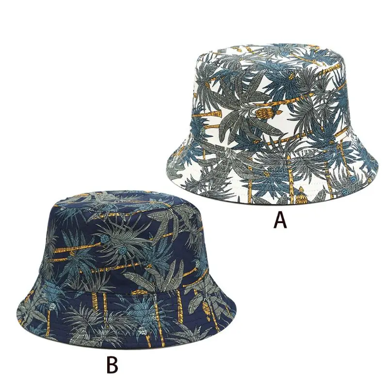 

Men Women Summer Reversible Bucket Hat Tropical Palm Tree Leaves Print Hip Hop Wide Brim Sunscreen Round Flat Top Fisherman Cap