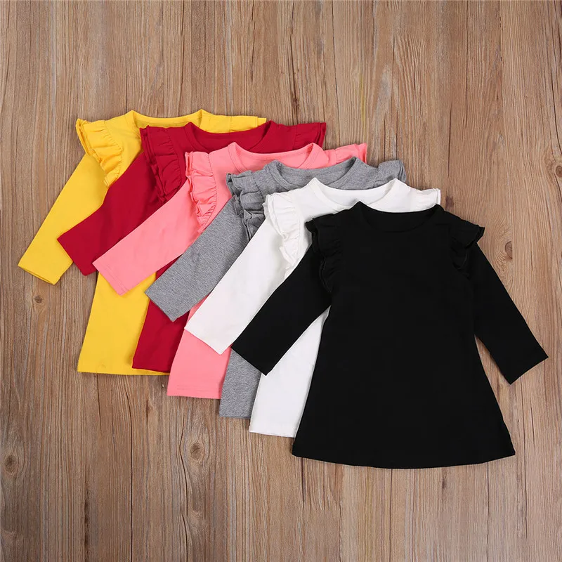 

Baby Girl Plaid Solid Ruffled A-Line Short Dress 1-7Y Kids Children Summer Fall Fashion Casual Cotton Long Sleeve O-Neck Dresses