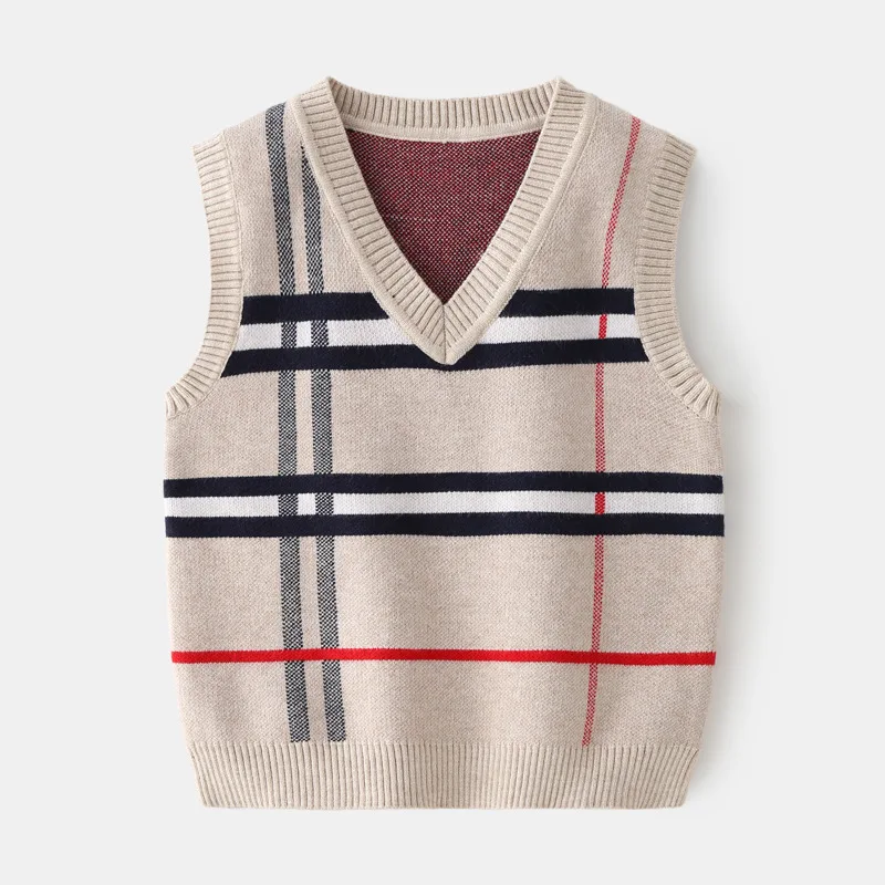 

Клетчатый свитер для мальчиков и девочек, для малышей, свитер для малышей на весну и осень, вязаный Топ с V-образным вырезом, модный Осенний ж...