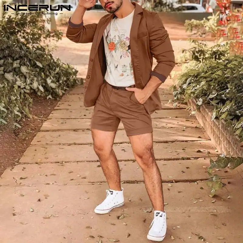 

INCERUN All-match Men's Clothes Suits Long Sleeve Suit Shirt Blazer Short Pant Fashion Casual Streetwear Suit Shorts Sets S-5XL