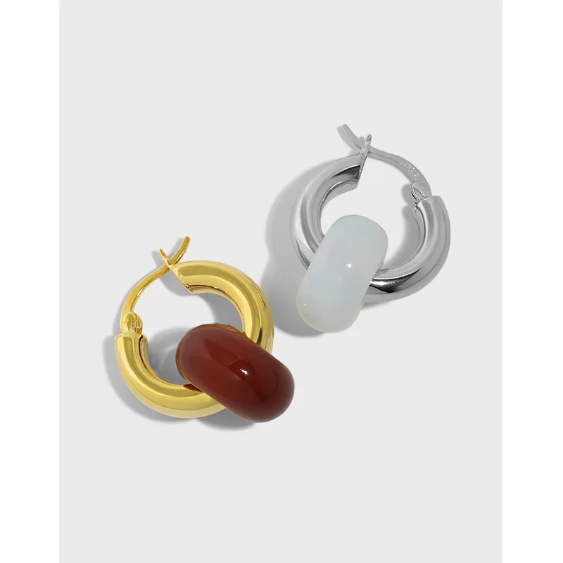 

Authentic 925 Sterling silver ear-bone Natural Round Jade Rounded Hoop Huggie Earrings Jewelry C-HEH365