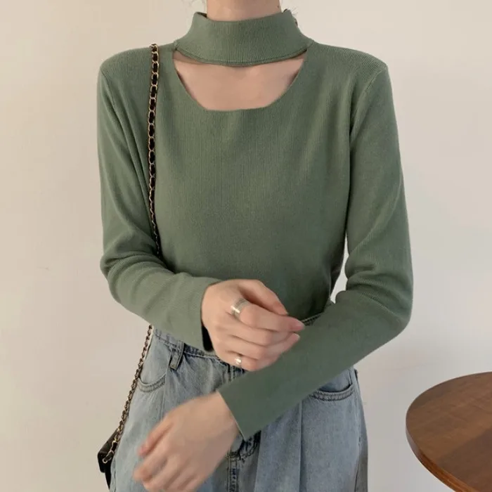 

2020 new Fashion Knitted Half turtleneck Hollow out sweater women Korean sexy tops Loose Slim fit Long sleeve Thicken warm gift