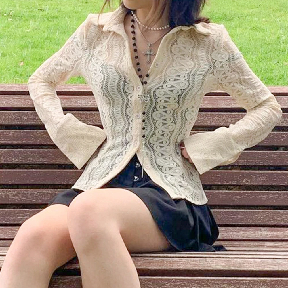 

YiYiMiYu y2k Lace Crop Top See Through Button T Shirt Cute Full Sleeve Turn Down Collar Elegant Tee Women Retro Korean Chic Top
