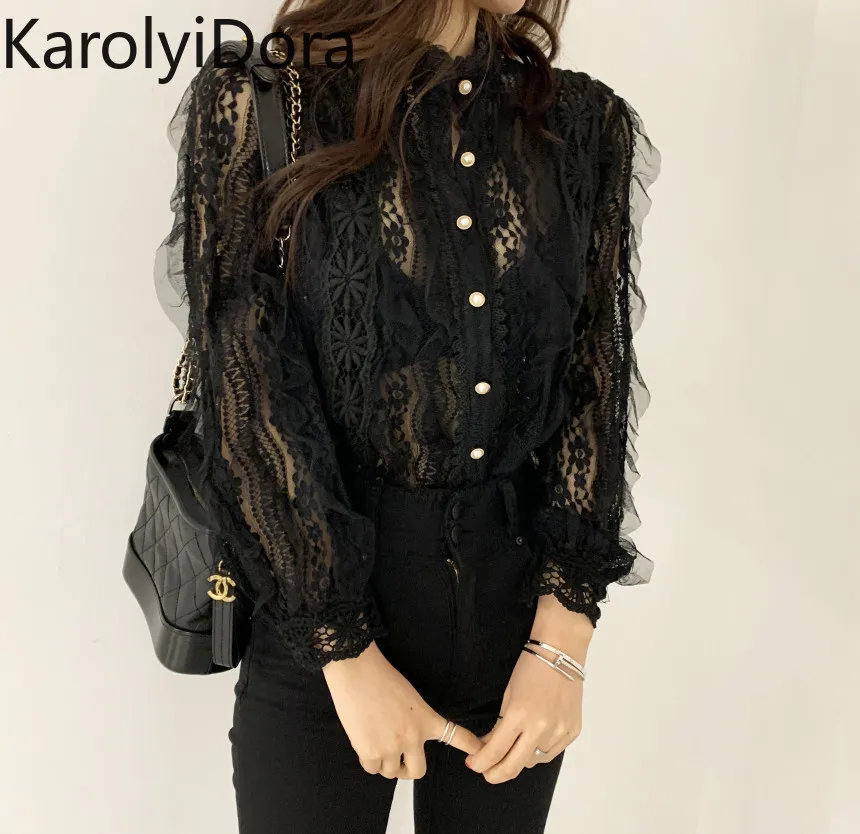2020 Spring New Arrival Ladies Lace Shirt Hook Flower Long Sleeve Loose Stand Collar Blouse Shirts Women Fashion Crochet Tops