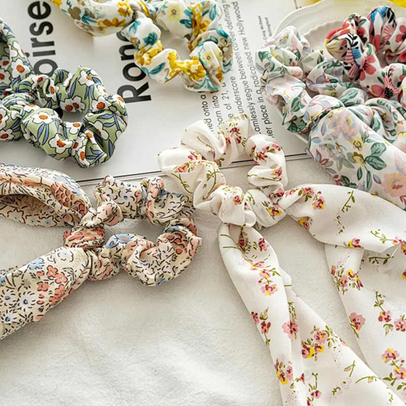 

Fashion Floral Print Scrunchies Long Hair Rope Korea Hair Ties for Women Ponytail Scarf Sweet Elastic Hair Band Hair Accessories